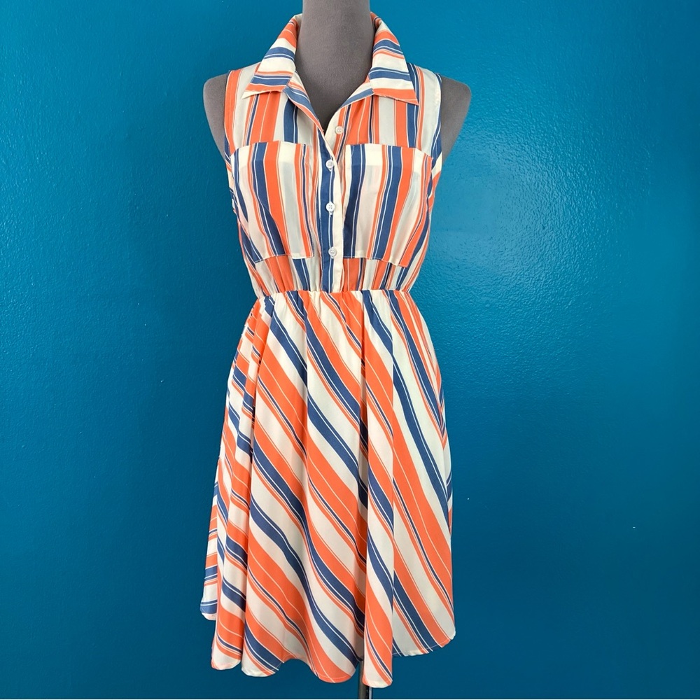 Umgee Retro Summer Striped Sleeveless Shirt Dress in Blue & Orange Size Small
